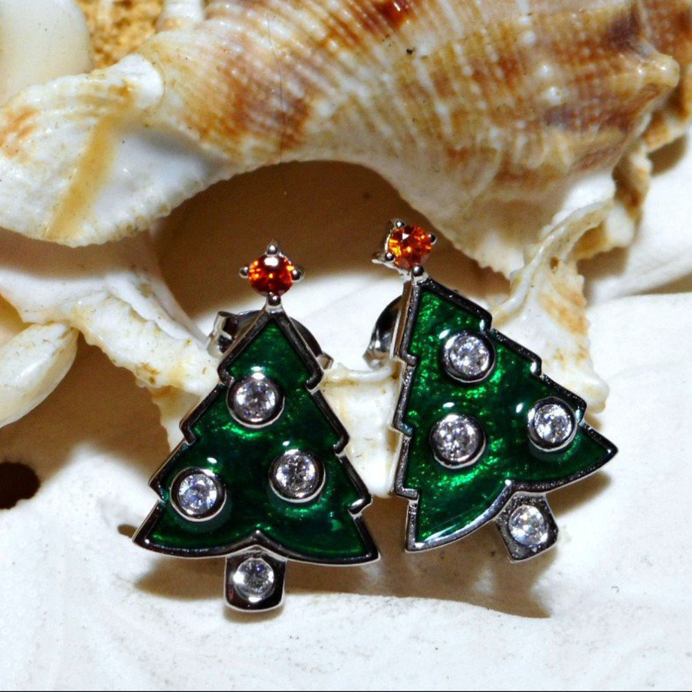 Sterling Silver CZ & Enamel Christmas Tree Earring